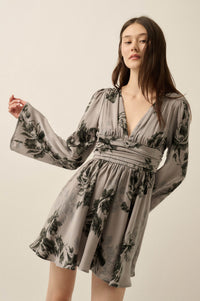 Rose Shadow Floral Satin Bell-Sleeve Mini Dress - ShopPromesa