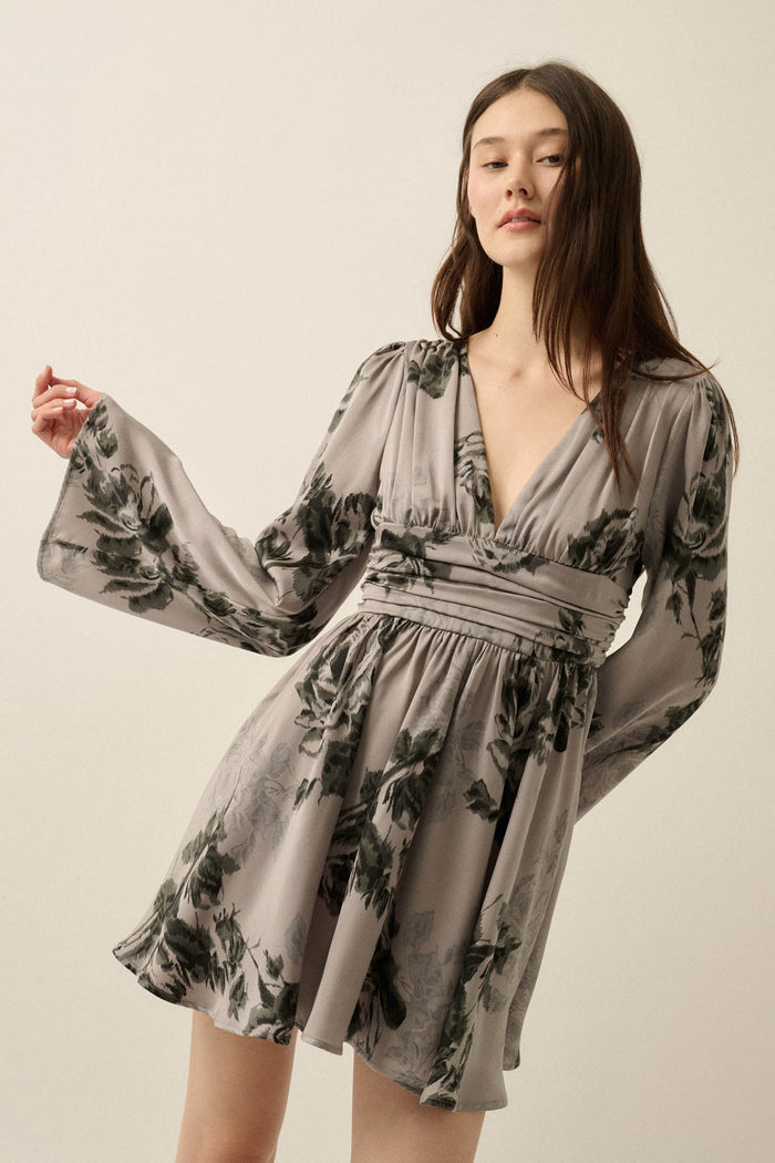 Rose Shadow Floral Satin Bell-Sleeve Mini Dress - ShopPromesa