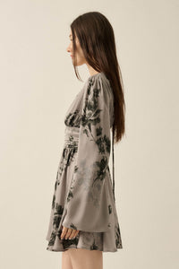 Rose Shadow Floral Satin Bell-Sleeve Mini Dress - ShopPromesa