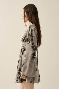 Rose Shadow Floral Satin Bell-Sleeve Mini Dress - ShopPromesa