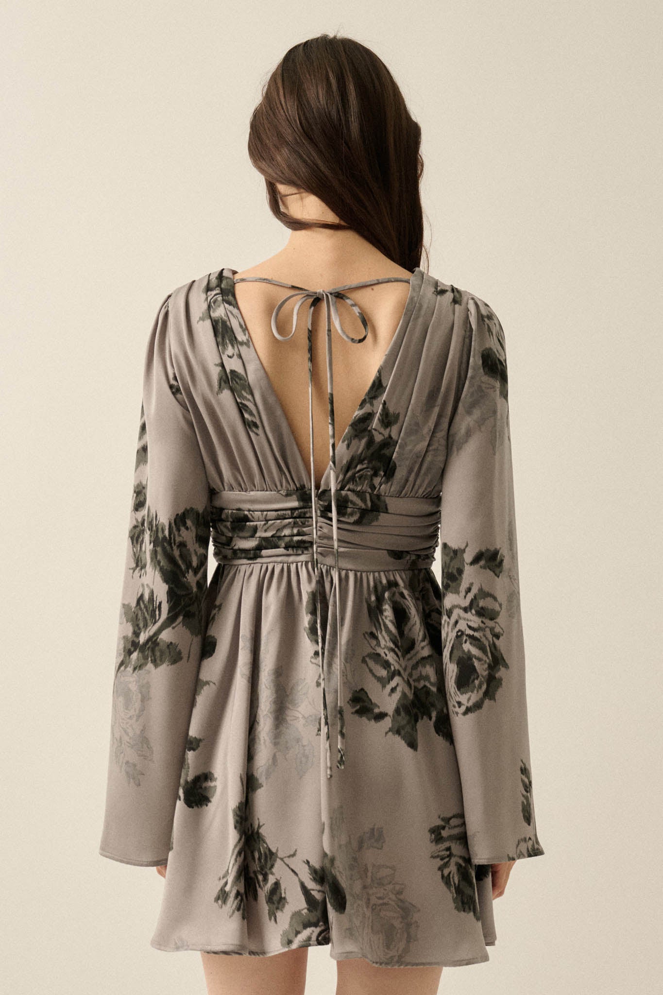 Rose Shadow Floral Satin Bell-Sleeve Mini Dress - ShopPromesa