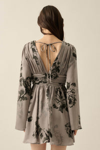 Rose Shadow Floral Satin Bell-Sleeve Mini Dress - ShopPromesa