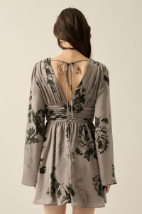 Rose Shadow Floral Satin Bell-Sleeve Mini Dress - ShopPromesa