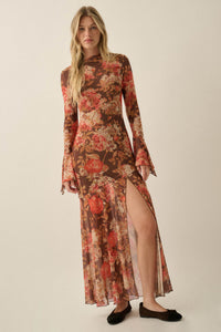 Blooming Harvest Floral Mesh Bell-Sleeve Maxi Dress - ShopPromesa