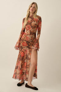Blooming Harvest Floral Mesh Bell-Sleeve Maxi Dress - ShopPromesa