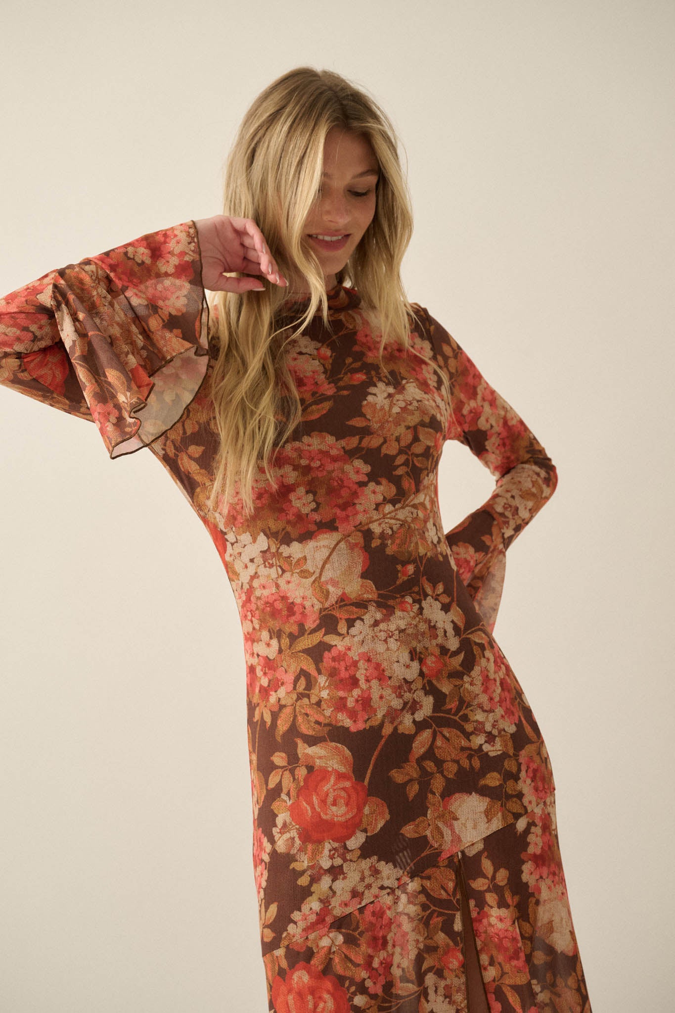 Blooming Harvest Floral Mesh Bell-Sleeve Maxi Dress - ShopPromesa