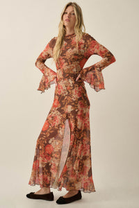 Blooming Harvest Floral Mesh Bell-Sleeve Maxi Dress - ShopPromesa