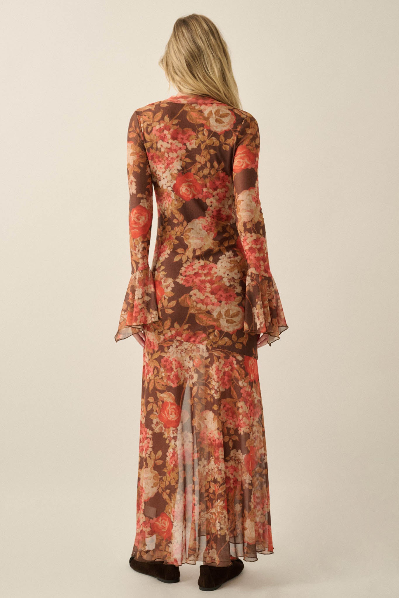 Blooming Harvest Floral Mesh Bell-Sleeve Maxi Dress - ShopPromesa