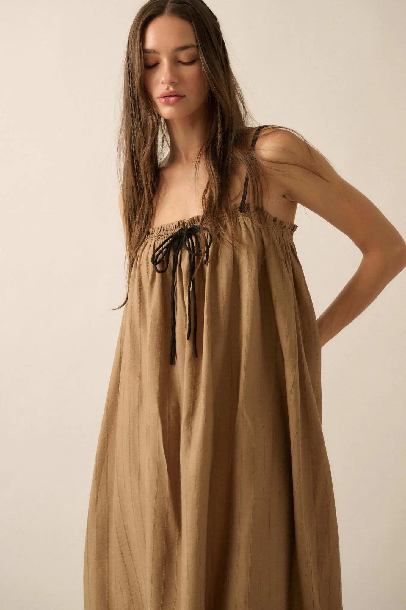 Finding Freedom Tonal-Stripe Trapeze Maxi Dress Oatmeal / S Finding Freedom Tonal-Stripe Trapeze Maxi Dress Oatmeal / S