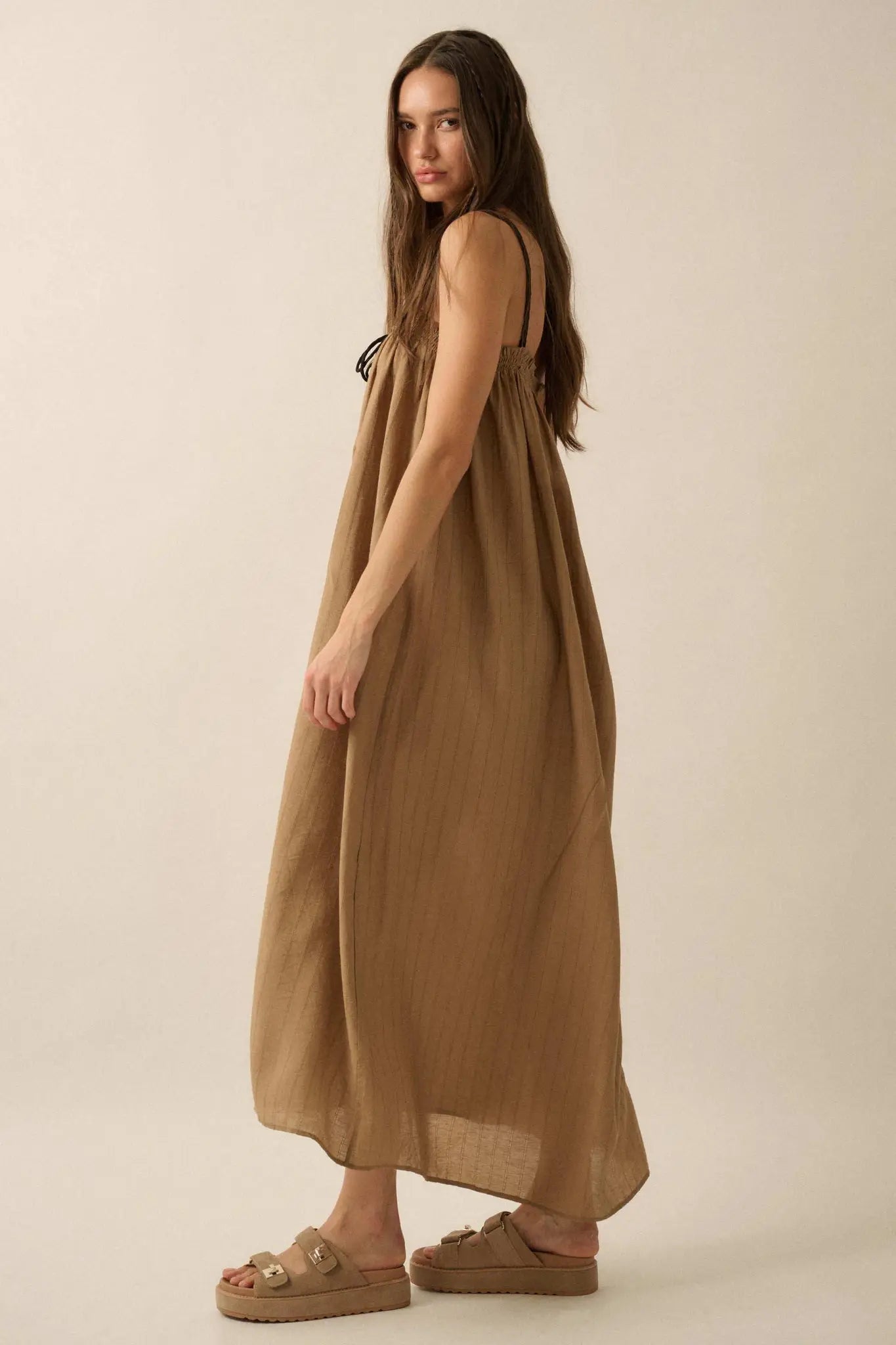 Tonal Striped Maxi Dress - Oatmeal S Tonal Striped Maxi Dress - Oatmeal S