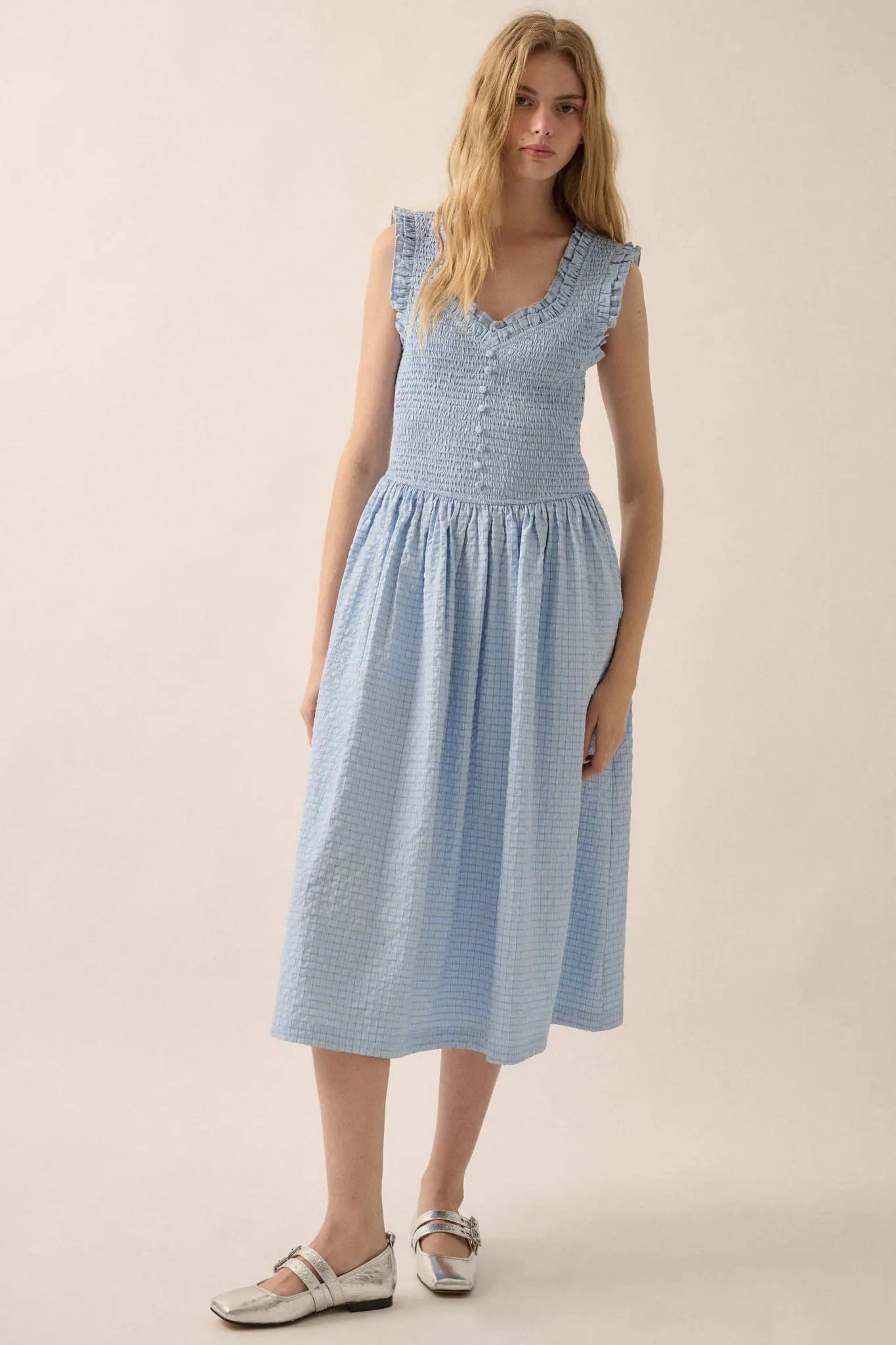 Pretty Please Smocked Paid Buttoned Midi Dress - ShopPromesa