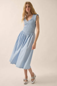 Pretty Please Smocked Paid Buttoned Midi Dress - ShopPromesa