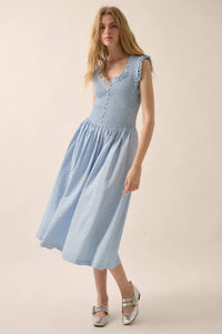 Pretty Please Smocked Paid Buttoned Midi Dress - ShopPromesa