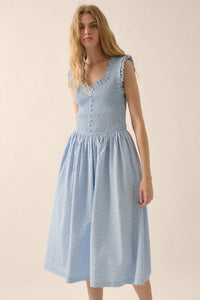 Pretty Please Smocked Paid Buttoned Midi Dress - ShopPromesa