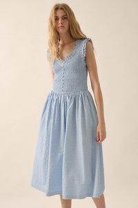 Pretty Please Smocked Paid Buttoned Midi Dress - ShopPromesa
