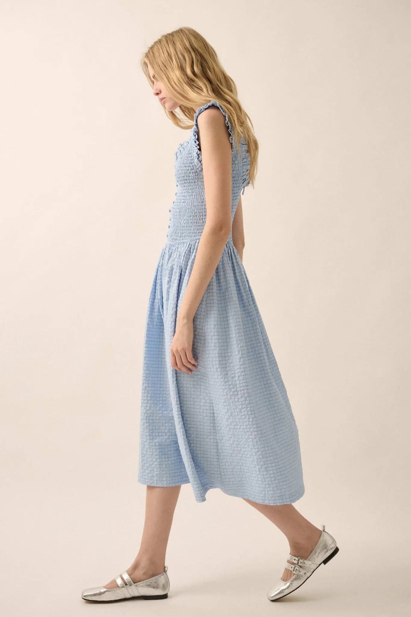 Pretty Please Smocked Paid Buttoned Midi Dress - ShopPromesa