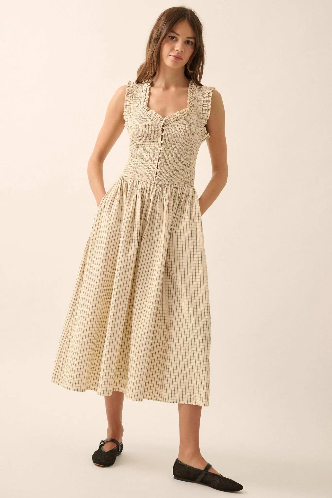 Pretty Please Smocked Paid Buttoned Midi Dress - ShopPromesa