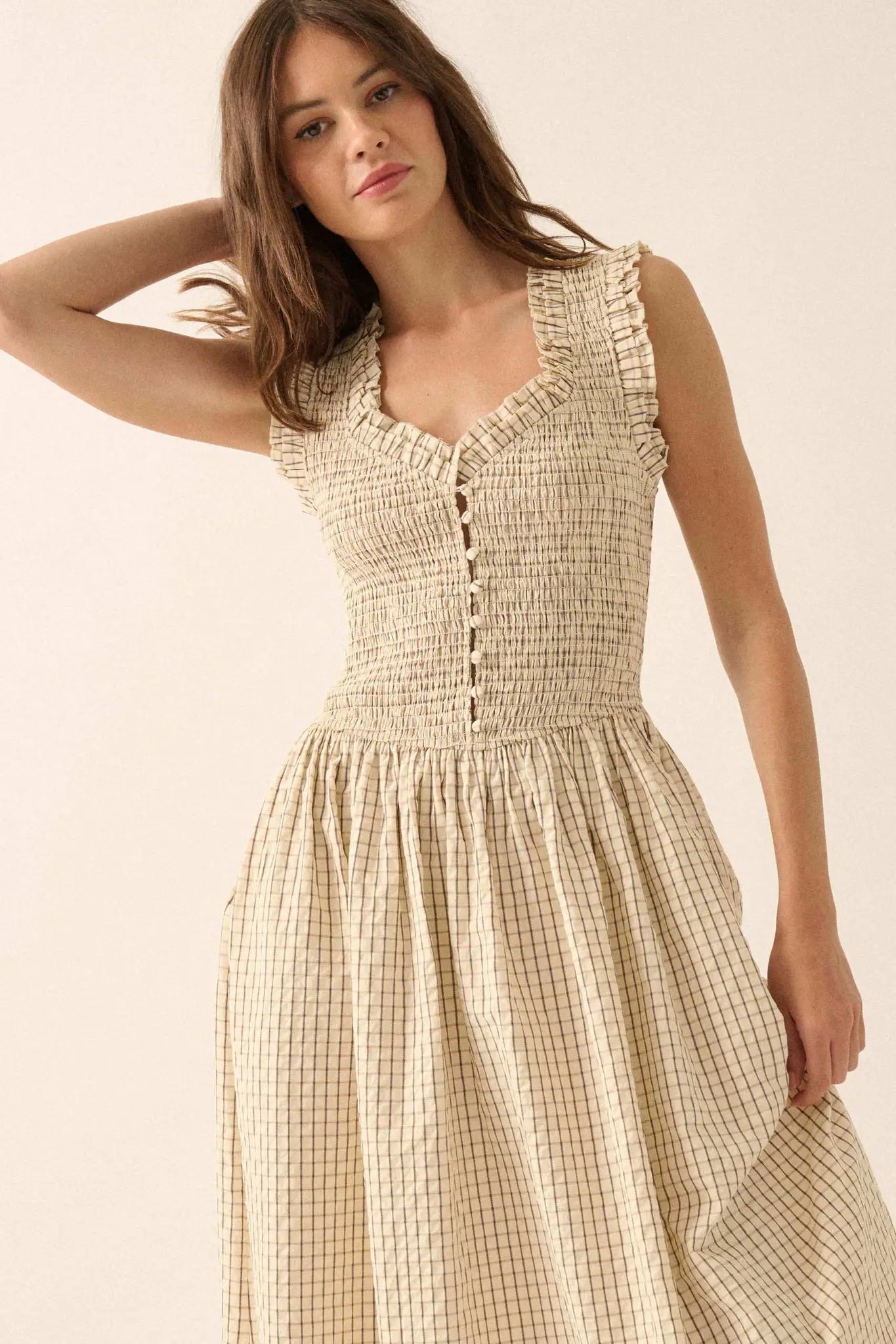 Pretty Please Smocked Paid Buttoned Midi Dress - ShopPromesa