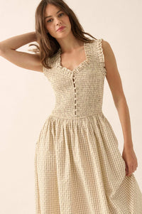 Pretty Please Smocked Paid Buttoned Midi Dress - ShopPromesa