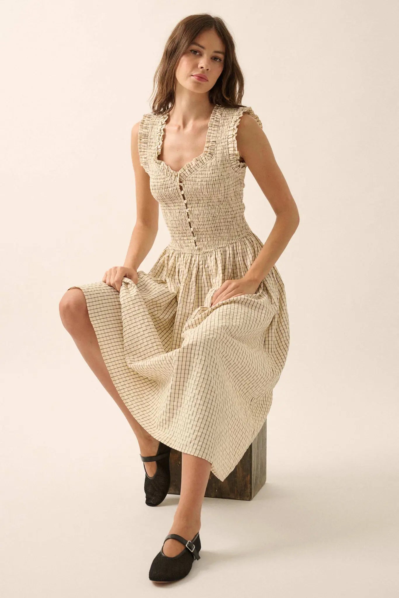 Pretty Please Smocked Paid Buttoned Midi Dress - ShopPromesa