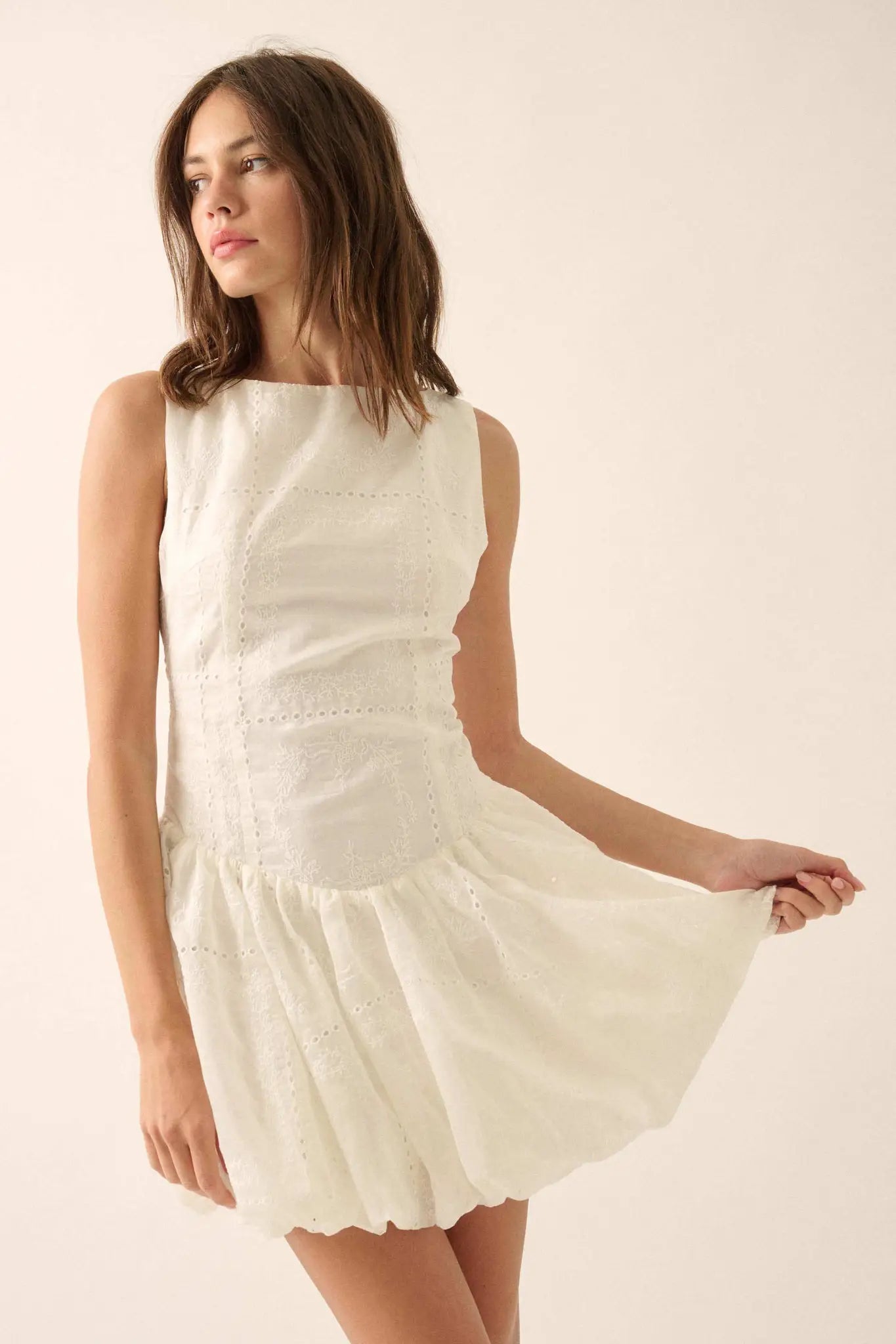 Pure Love Eyelet Lace Boatneck Bubble Mini Dress - ShopPromesa