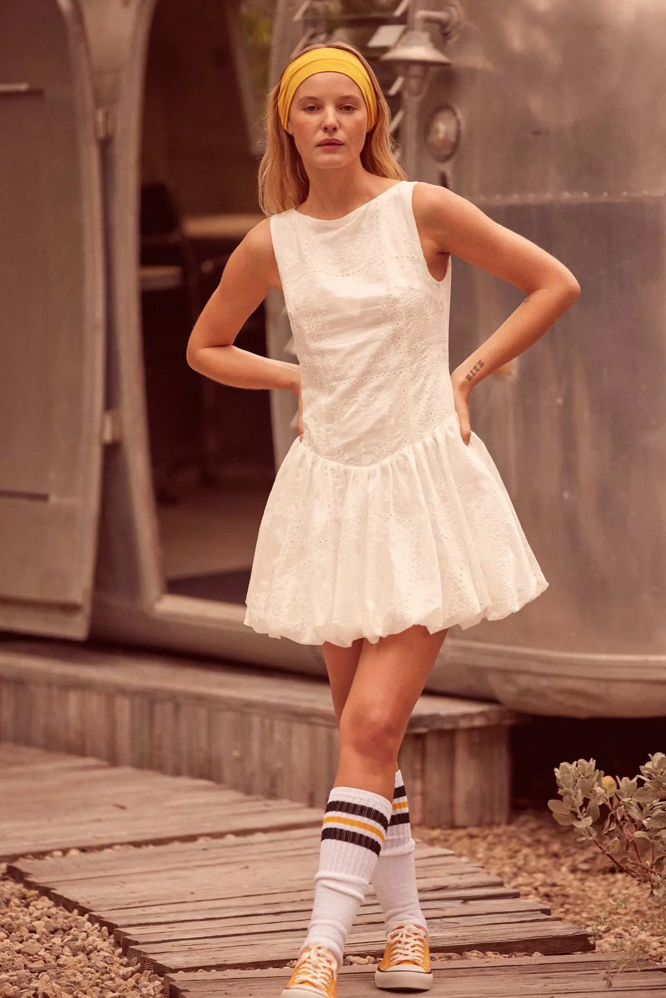 Pure Love Eyelet Lace Boatneck Bubble Mini Dress - ShopPromesa