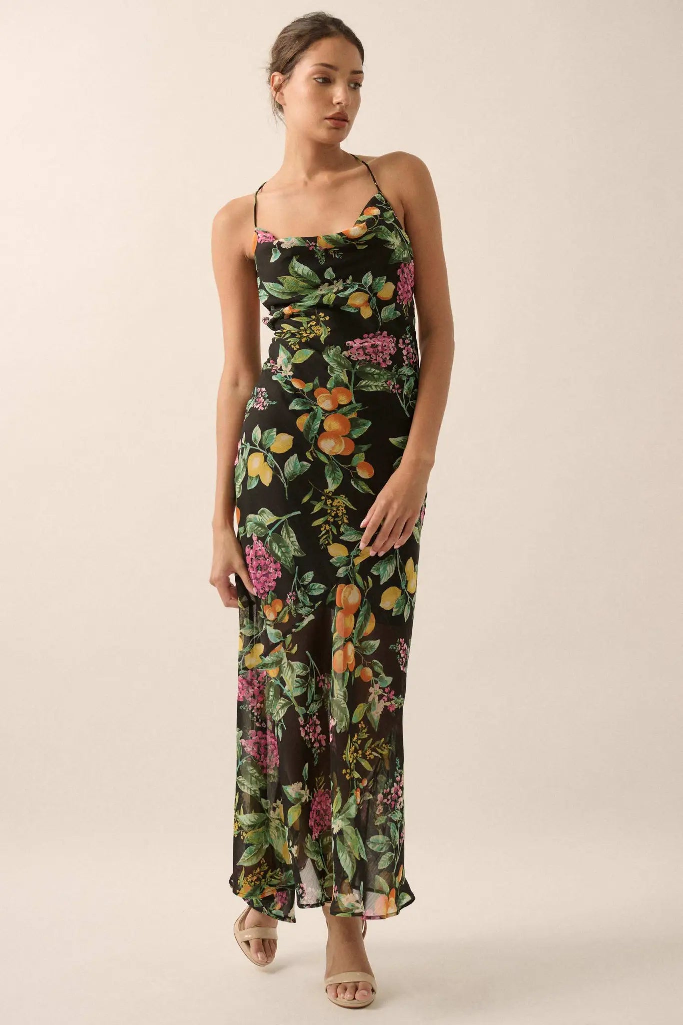 Sweet Succulence Fruit-Print Open-Back Maxi Dress - ShopPromesa