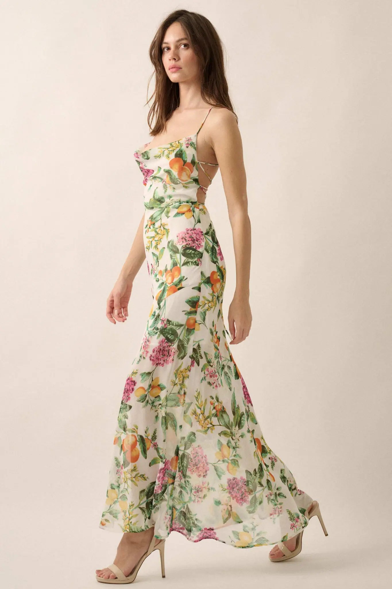 fruit maxi dress Ivory Colorful Floral and Fruit Print Maxi Dress
