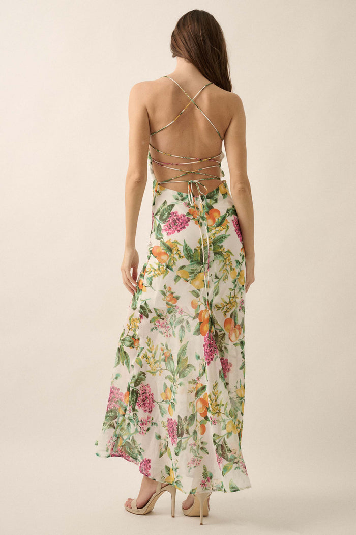 Sweet Succulence Fruit-Print Open-Back Maxi Dress - ShopPromesa