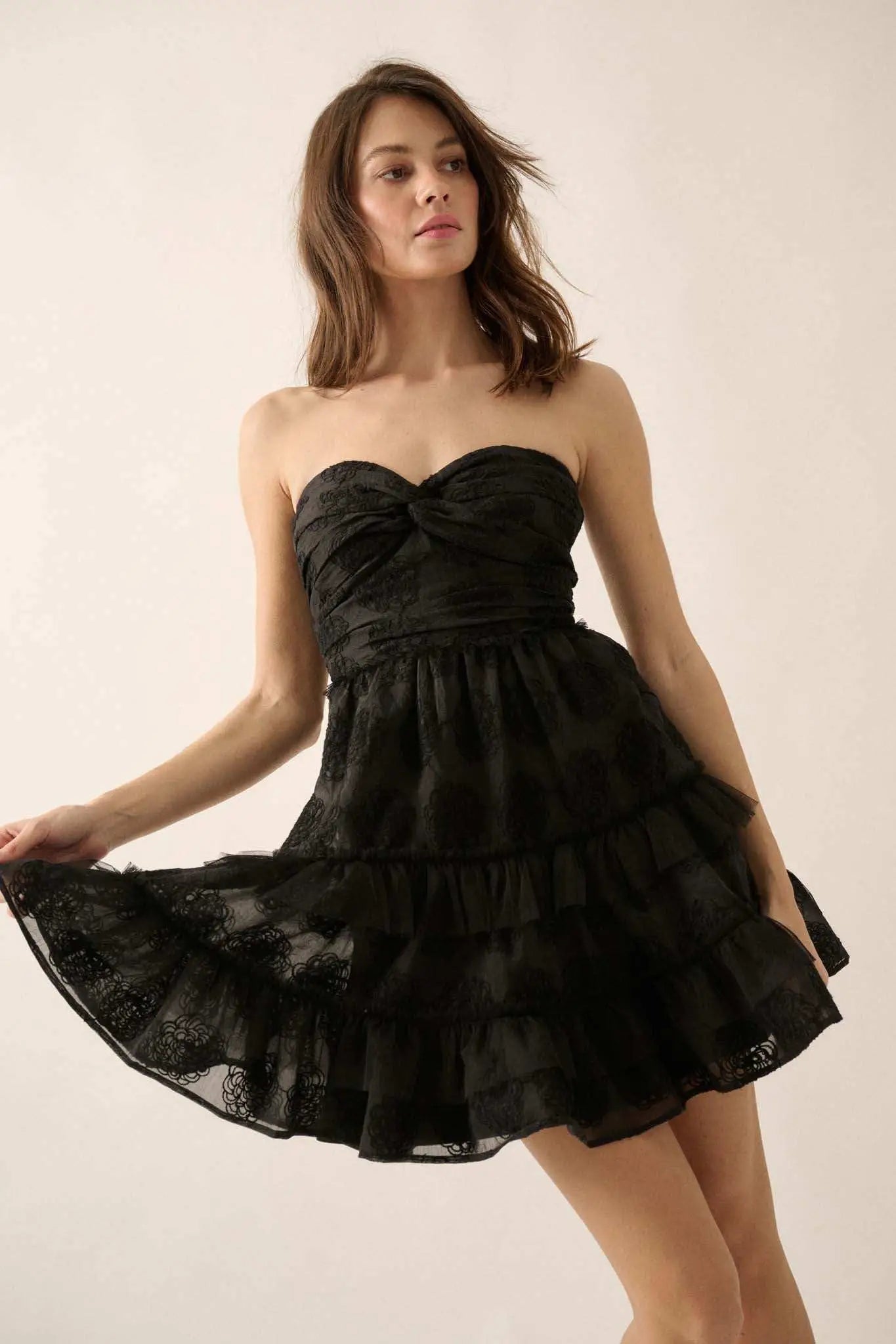 Floral Finesse Ruffled Lace Strapless Mini Dress, Black / S Floral Finesse Ruffled Lace Strapless Mini Dress, Black / S