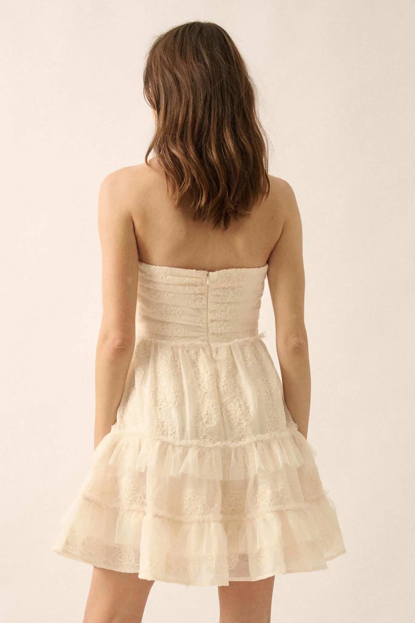 Floral Finesse Ruffled Lace Strapless Mini Dress Cream / M Floral Finesse Ruffled Lace Strapless Mini Dress Cream / M