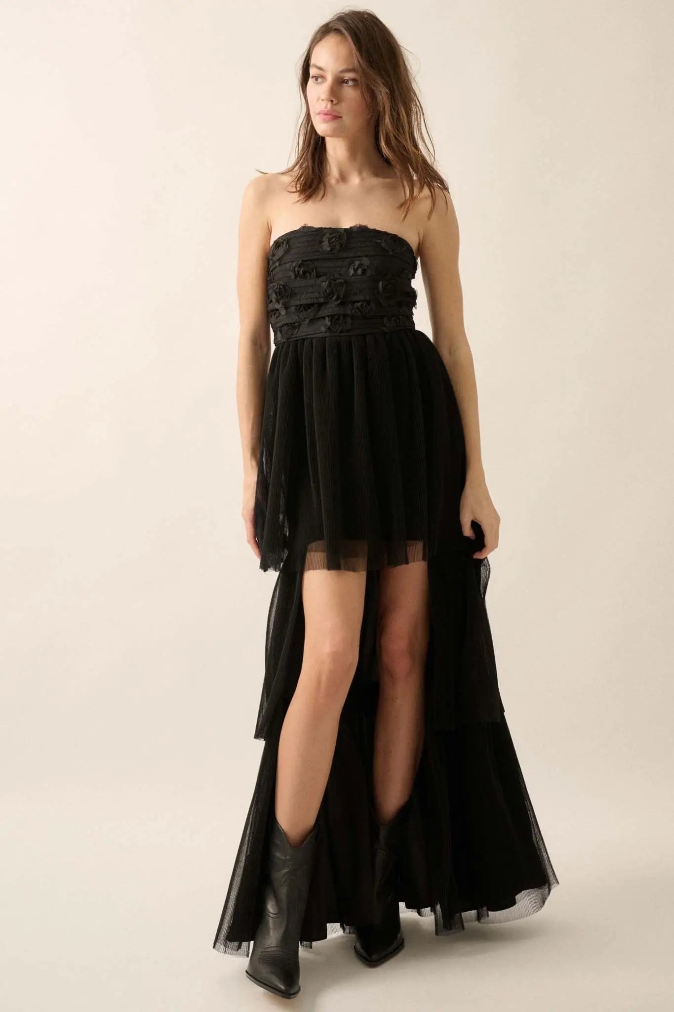 strapless 3d floral lace maxi dress Elliatt Selene Strapless 3D Floral Lace Tiered Maxi Dress
