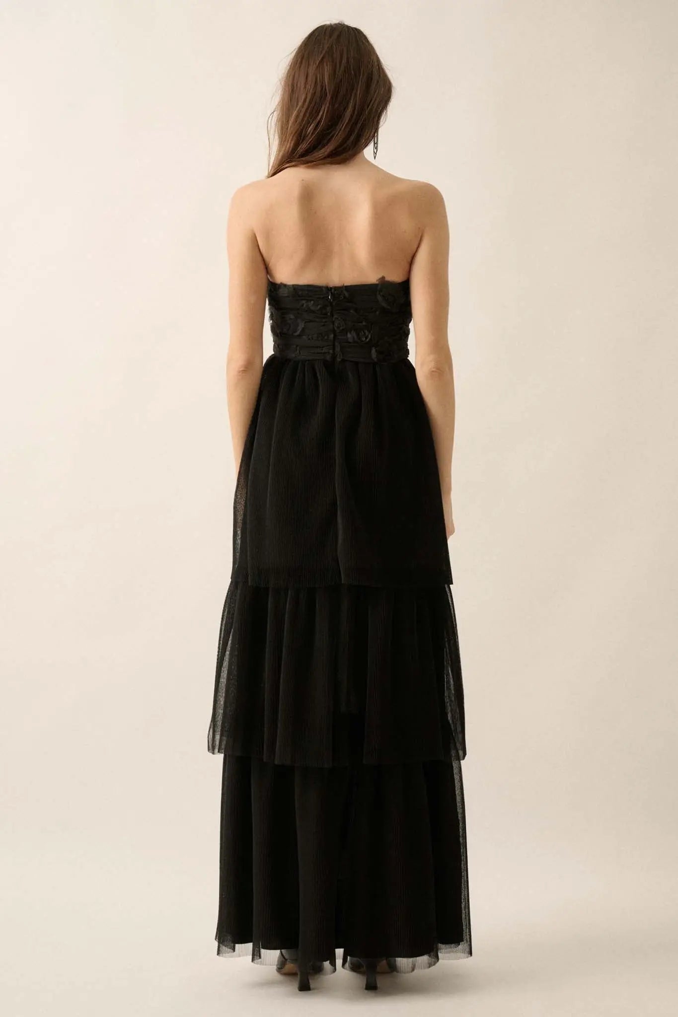 Blooming Beauty 3D Floral Lace High-Low Maxi Dress, Black / S Blooming Beauty 3D Floral Lace High-Low Maxi Dress, Black / S