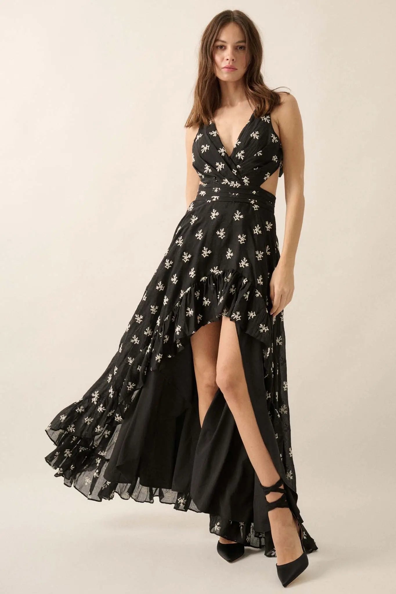 After All Embroidered Tie-Back High-Low Maxi Dress, Black / L After All Embroidered Tie-Back High-Low Maxi Dress, Black / L