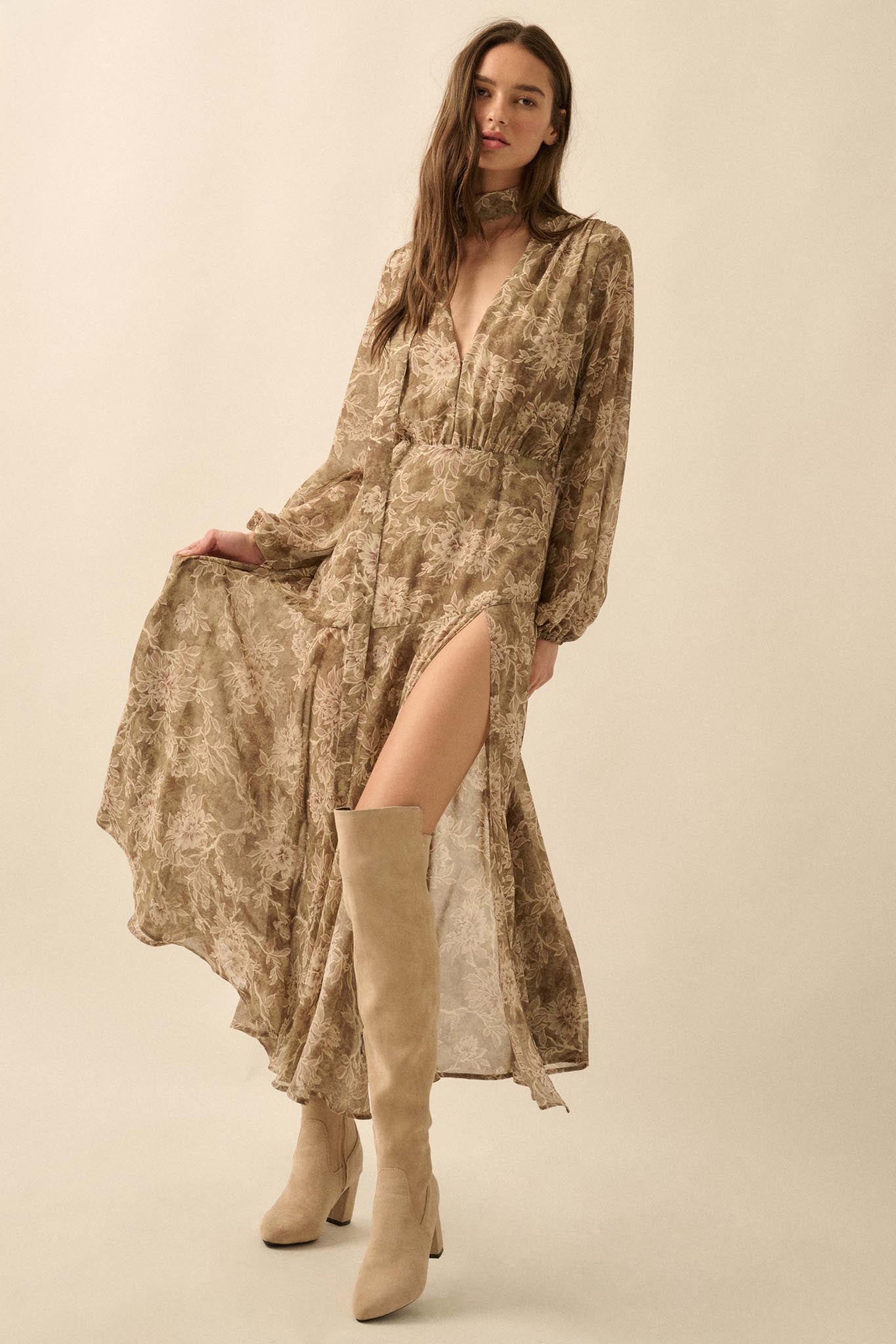 Treasured Beauty Floral Chiffon V-Neck Maxi Dress - ShopPromesa