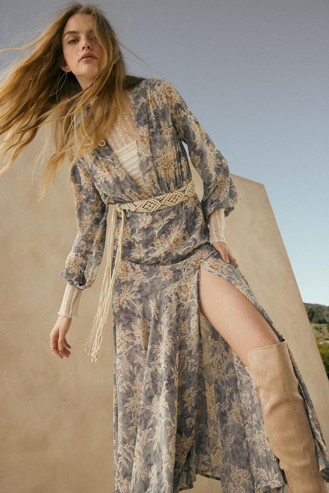 Treasured Beauty Floral Chiffon V-Neck Maxi Dress, Retro Blue / S