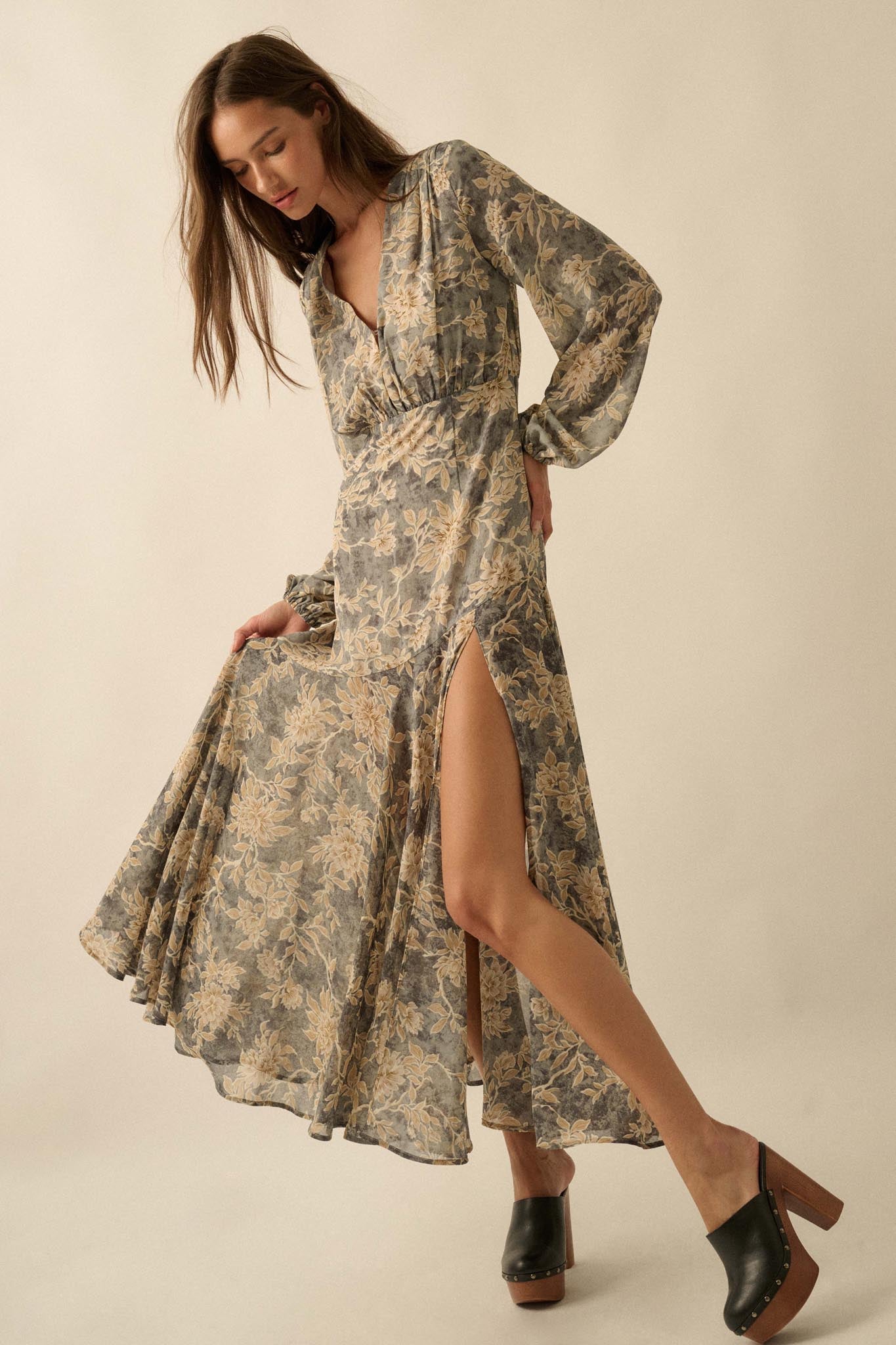 Treasured Beauty Floral Chiffon V-Neck Maxi Dress - ShopPromesa