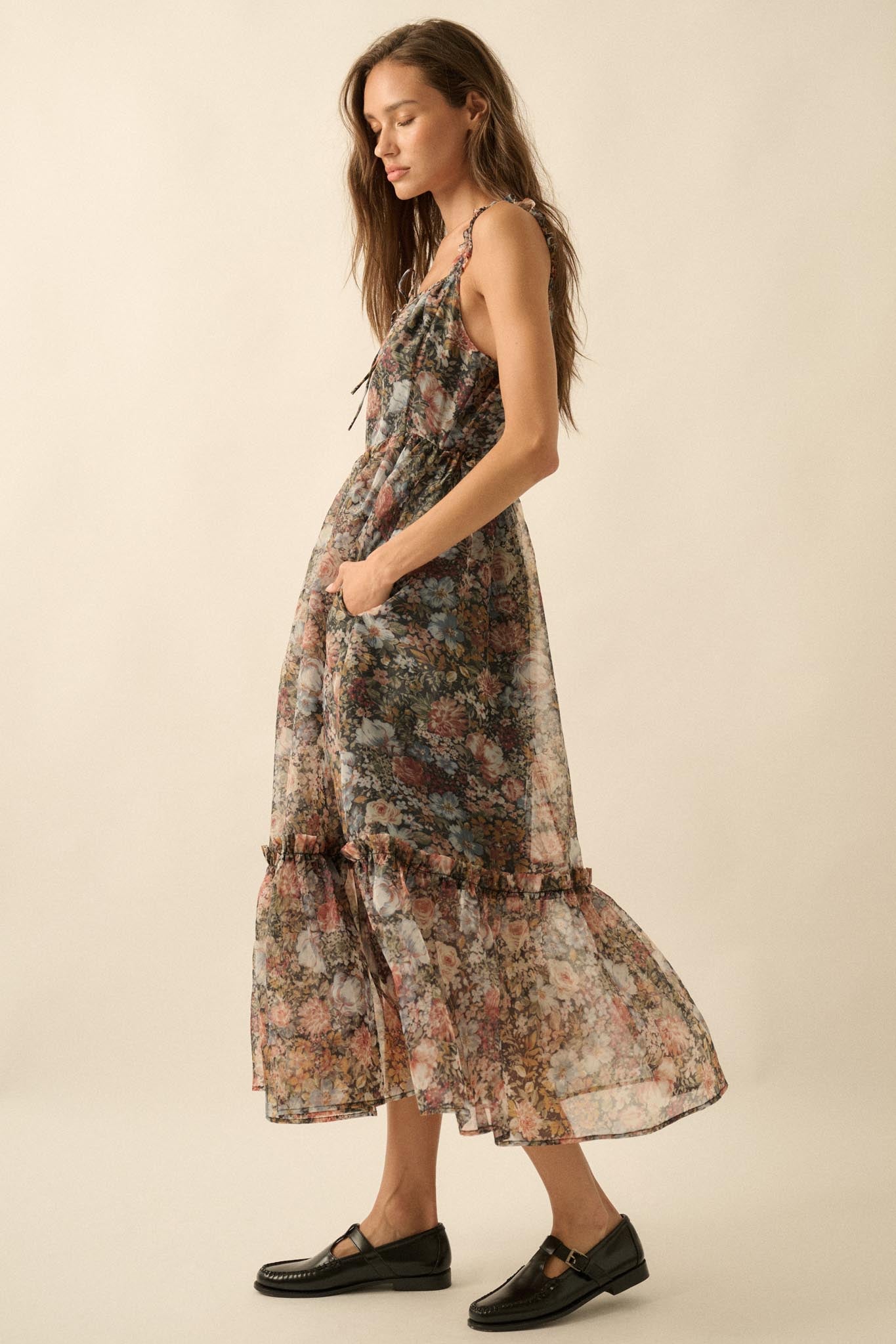 floral organza maxi dress Floral Watercolor Print Organza Maxi Dress White Oak Boutique