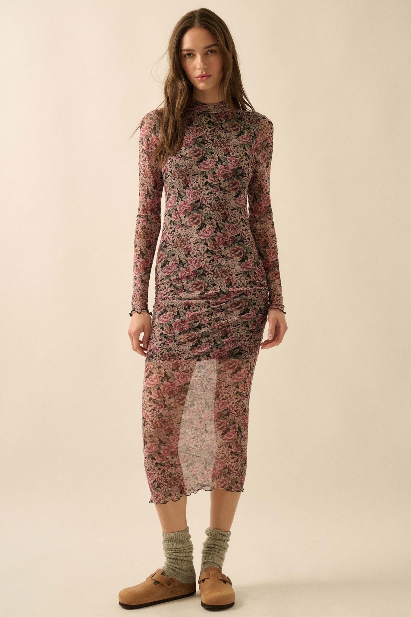 Wine and Roses Floral Mesh Mock-Neck Midi Dress - ShopPromesa