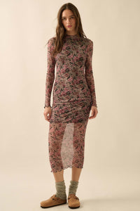 Wine and Roses Floral Mesh Mock-Neck Midi Dress - ShopPromesa