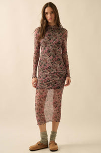 Wine and Roses Floral Mesh Mock-Neck Midi Dress - ShopPromesa