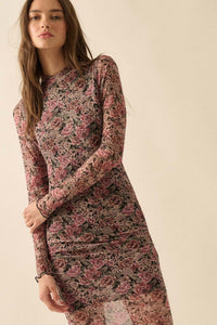Wine and Roses Floral Mesh Mock-Neck Midi Dress - ShopPromesa