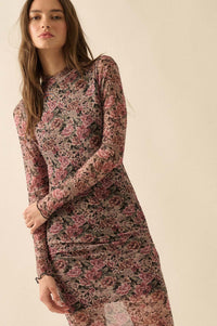Wine and Roses Floral Mesh Mock-Neck Midi Dress - ShopPromesa
