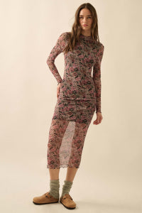 Wine and Roses Floral Mesh Mock-Neck Midi Dress - ShopPromesa