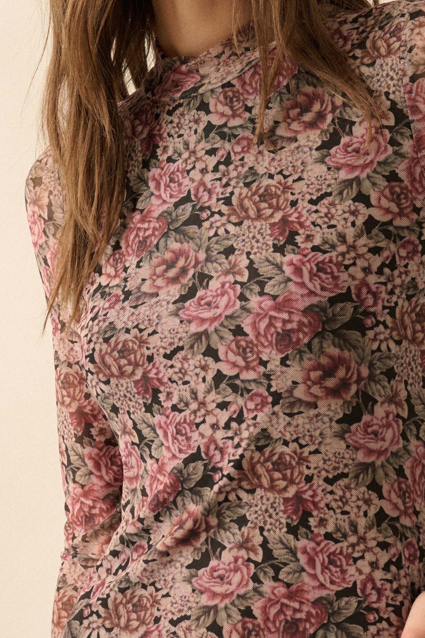 Wine and Roses Floral Mesh Mock-Neck Midi Dress - ShopPromesa