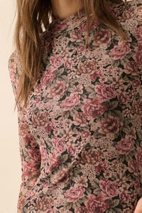 Wine and Roses Floral Mesh Mock-Neck Midi Dress - ShopPromesa