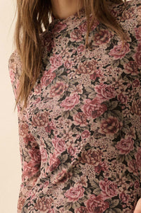 Wine and Roses Floral Mesh Mock-Neck Midi Dress - ShopPromesa