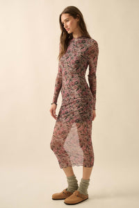 Wine and Roses Floral Mesh Mock-Neck Midi Dress - ShopPromesa