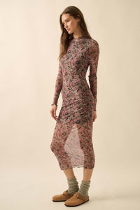Wine and Roses Floral Mesh Mock-Neck Midi Dress - ShopPromesa