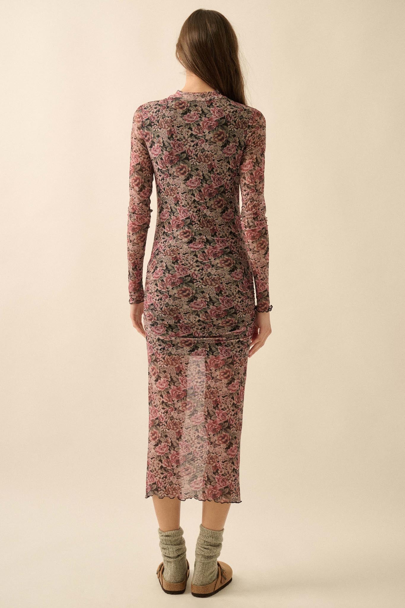 Wine and Roses Floral Mesh Mock-Neck Midi Dress - ShopPromesa